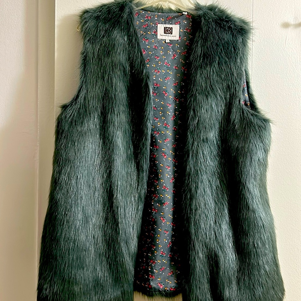 Laundry by Design - Faux Fur Teal Blue Hook & Eye Vest, Sz Large